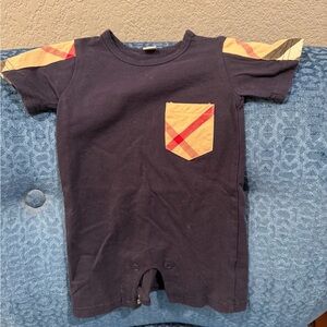 Burberry Navy Baby Romper with Plaid Accents